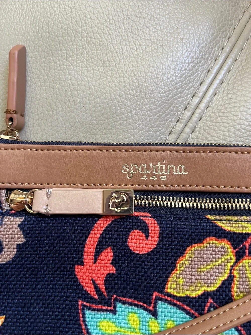 Spartina 449 Navy Floral Mini Purse with Tan Trim, Linen and Leather.